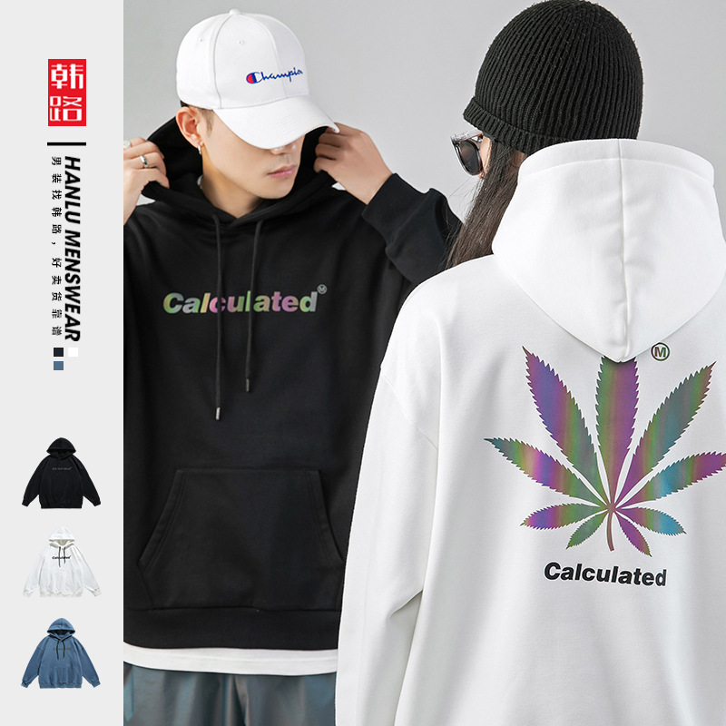 韩路日系男装 2021春新款连帽卫衣男七彩反光枫叶印花情侣外套潮|ru