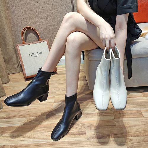 Fuhao Korean style high-heeled short boots for women  new thick-heeled women's leather boots autumn and winter women's shoes fashionable microfiber shoes