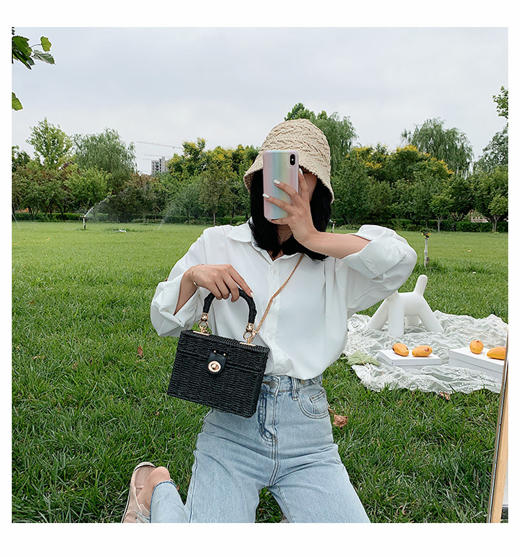 Solid Color Pattern Medium Straw Solid Color Square Buckle Straw Bag