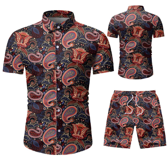 Summer men’s slim short sleeve shorts casual floral shirt suit