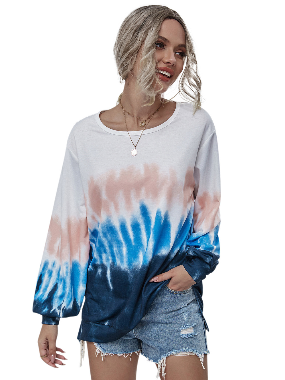   new round neck tie-dye sweater women long-sleeved pullover sports loose top  NSDF1283