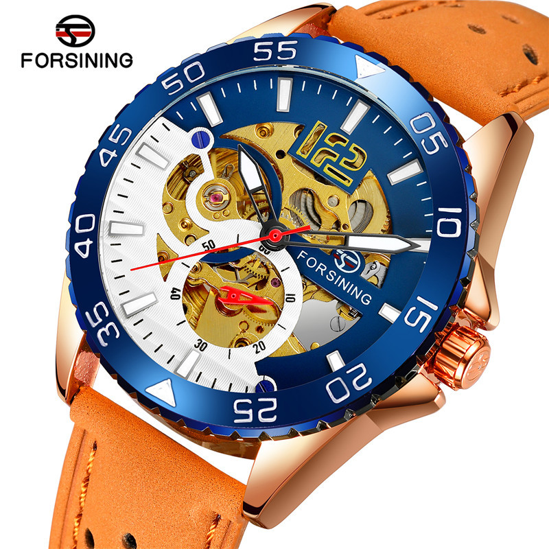 Forsining/fusini hombres correa de cuero reloj de negocios reloj mecánico automático casual reloj hueco 8180