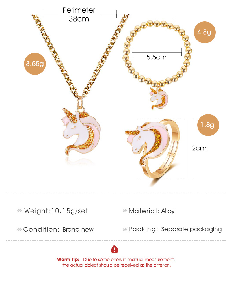 New fashion cartoon cute unicorn necklace bracelet ring wholesale