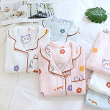 春夏秋新款皱布女式睡衣  双层棉纱大码家居服  小熊甜美简约套装