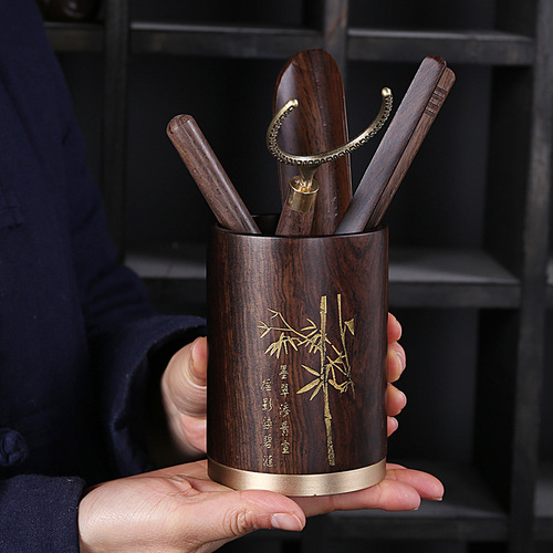 Ebony Six Gentlemen Tea Ceremony Accessories Pen Holder Tea Bucket Kung Fu Brass Whole Solid Wood Log Parts Kung Fu Tea