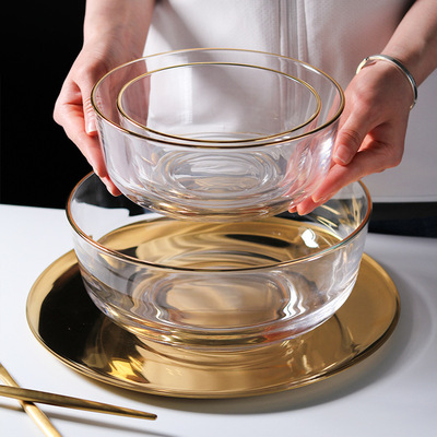 货源厂家直销加厚无铅透明耐热日式金边玻璃碗水果沙拉碗甜品碗钢化碗批发