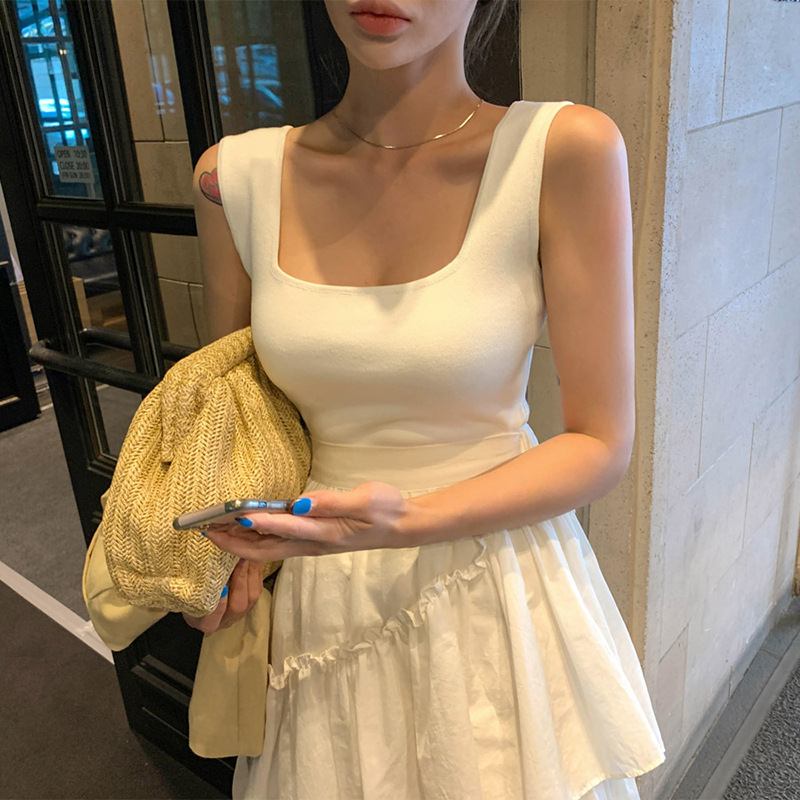 Korean Style Elegant Solid Color Square Collar Simple All-match Slim-fit Base Shirt Early Autumn Base Camisole Top for Women