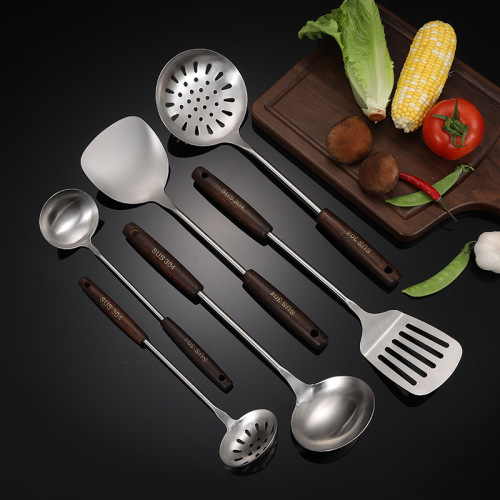 Platinum Duobao 304 stainless steel kitchen utensils retro wooden handle spatula frying spatula soup spoon colander spatula soup shell kitchen supplies