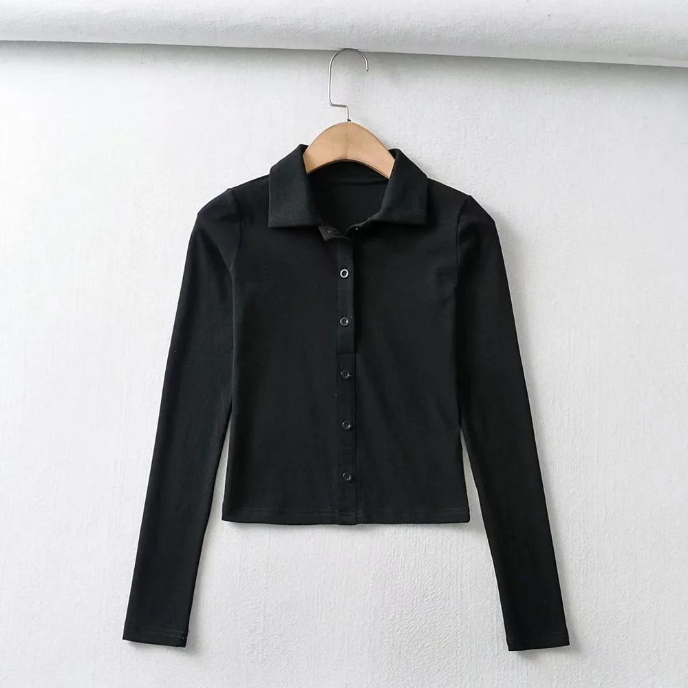 Slim-Fit Single-Breasted Lapel Long-Sleeved T-Shirt NSAC14939