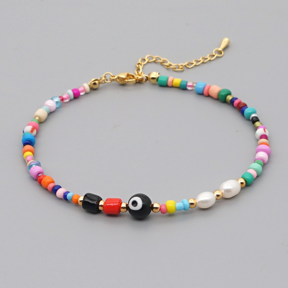 Bohemian Ethnic Style Eye Beads Rainbow Rice Beads Baroque Natural Freshwater Pearl Anklet Women display picture 17