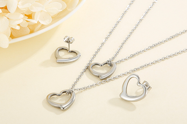 simple hollow heart-shaped double-layer necklace earrings stainless steel set wholesale nihaojewelry