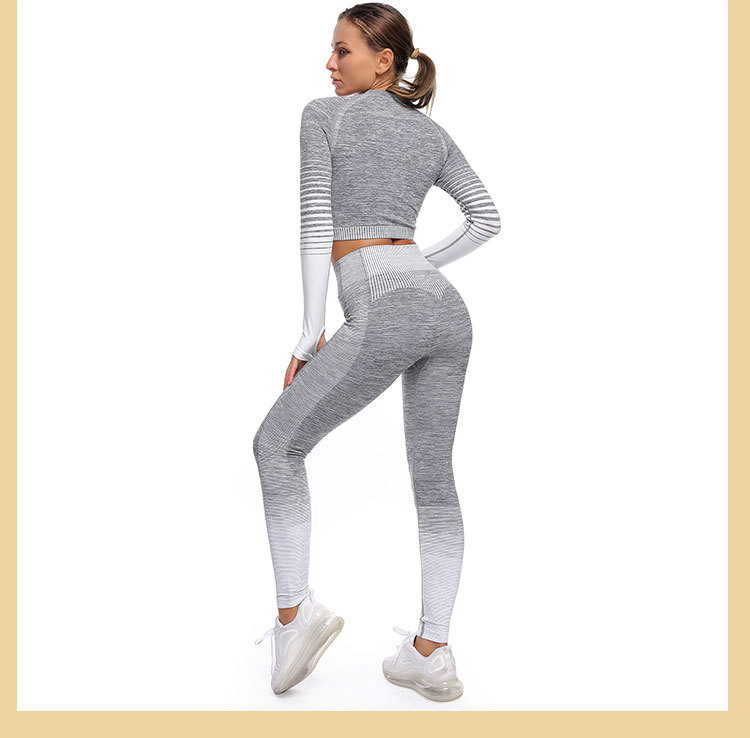 seamless long-sleeved tops striped knitted hip-lifting elastic pants sports suit  NSZJZ54063