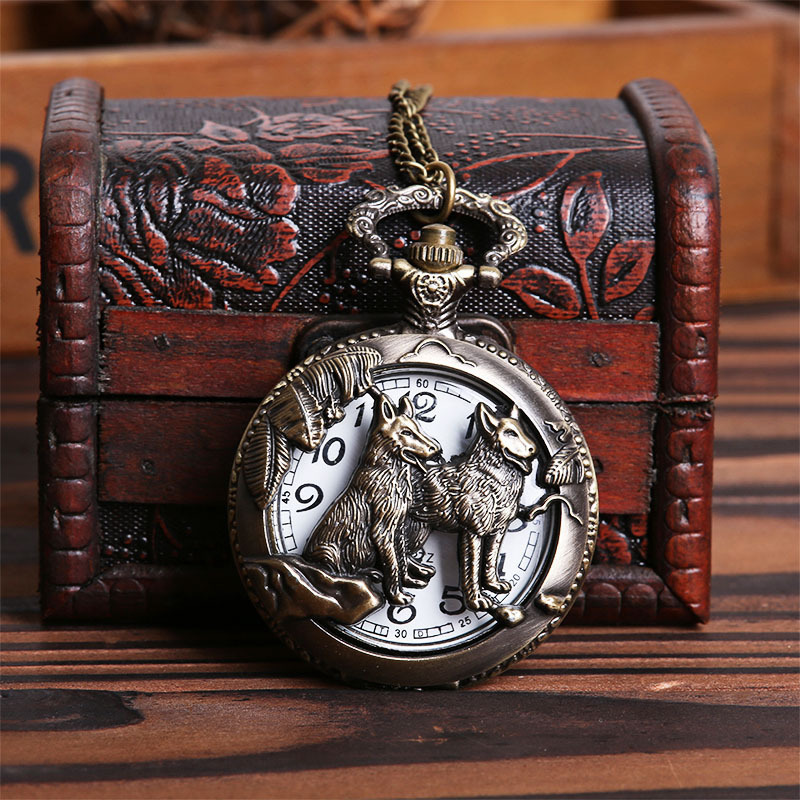 Wholesale openwork embossed two wolves and leaves pattern pocket watch bronze large elaborate watch 6588