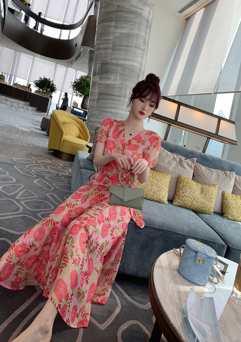Đầm maxi nữ cổ V cao eo in họa tiết voan dài — Đỏ dưa hấu chi tiết 12