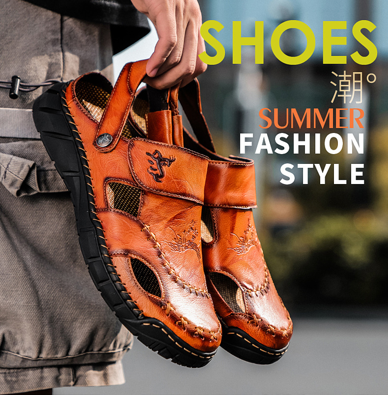 Amazon Spring/Summer men's plus-size sandals, trendy leather beach shoes, flip-flops, plus-size men's shoes, sewn shoes, cross-border full figure