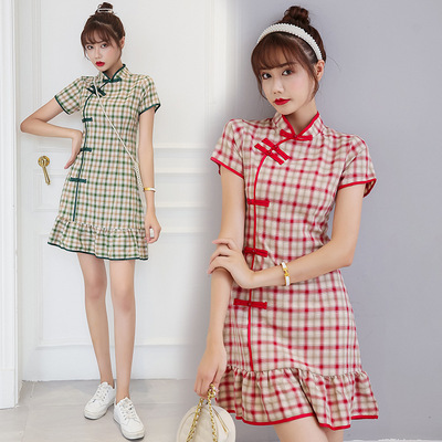格子改良旗袍鱼尾裙短款小个子少女年轻款复古新款连衣裙女X606
