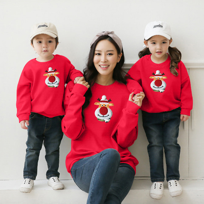 Korean Parent-child Clothing Plus Velvet Christmas Sweatshirt Red-nosed Deer Coat Winter Mother And Daughter Clothing Kindergarten Photo Studio Activity Clothing