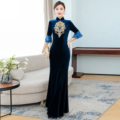 Women China traditional chinese dresses singers host  miss etiquette Qipao Cheongsam dresses velvet fishtail skirt show Embroidery Dress