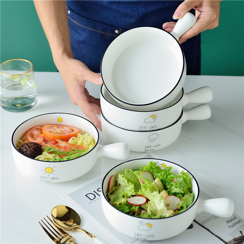 陶瓷泡面碗小清新带把碗6寸带柄碗天气碗简约餐碗创意沙拉碗意面|ru