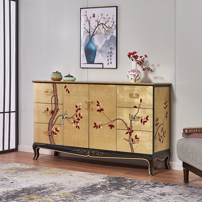 New Chinese style Neoclassical Gold foil solid wood Double-door cabinet decorate Entrance cabinet customer Lucky Lockers