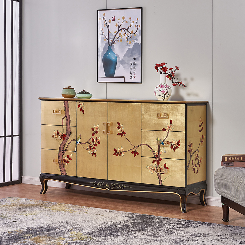 New Chinese style Neoclassical Gold foil solid wood Double-door cabinet decorate Entrance cabinet customer Lucky Lockers