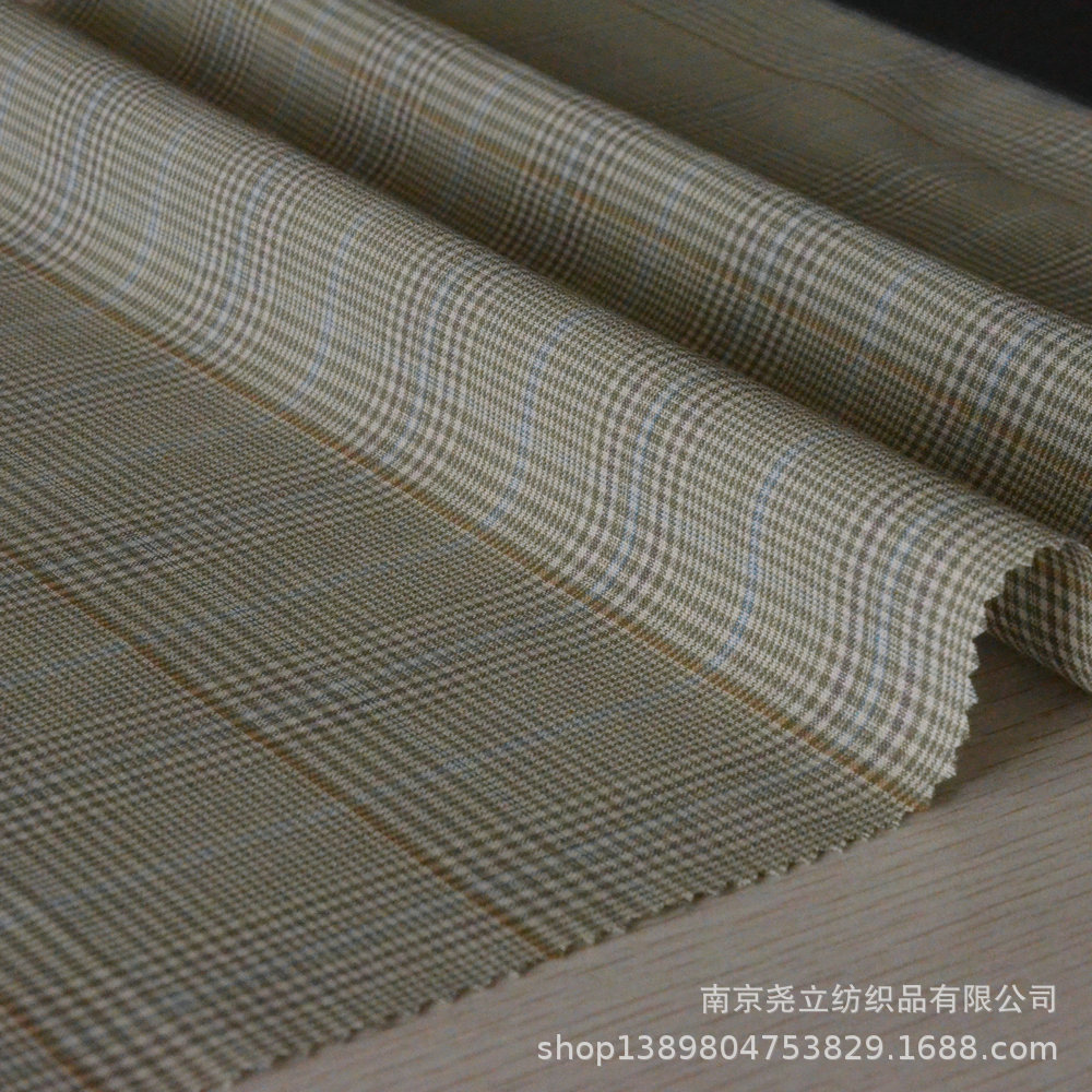 现货薄款精纺毛呢面料羊毛面料  精纺西装 草绿白千鸟格