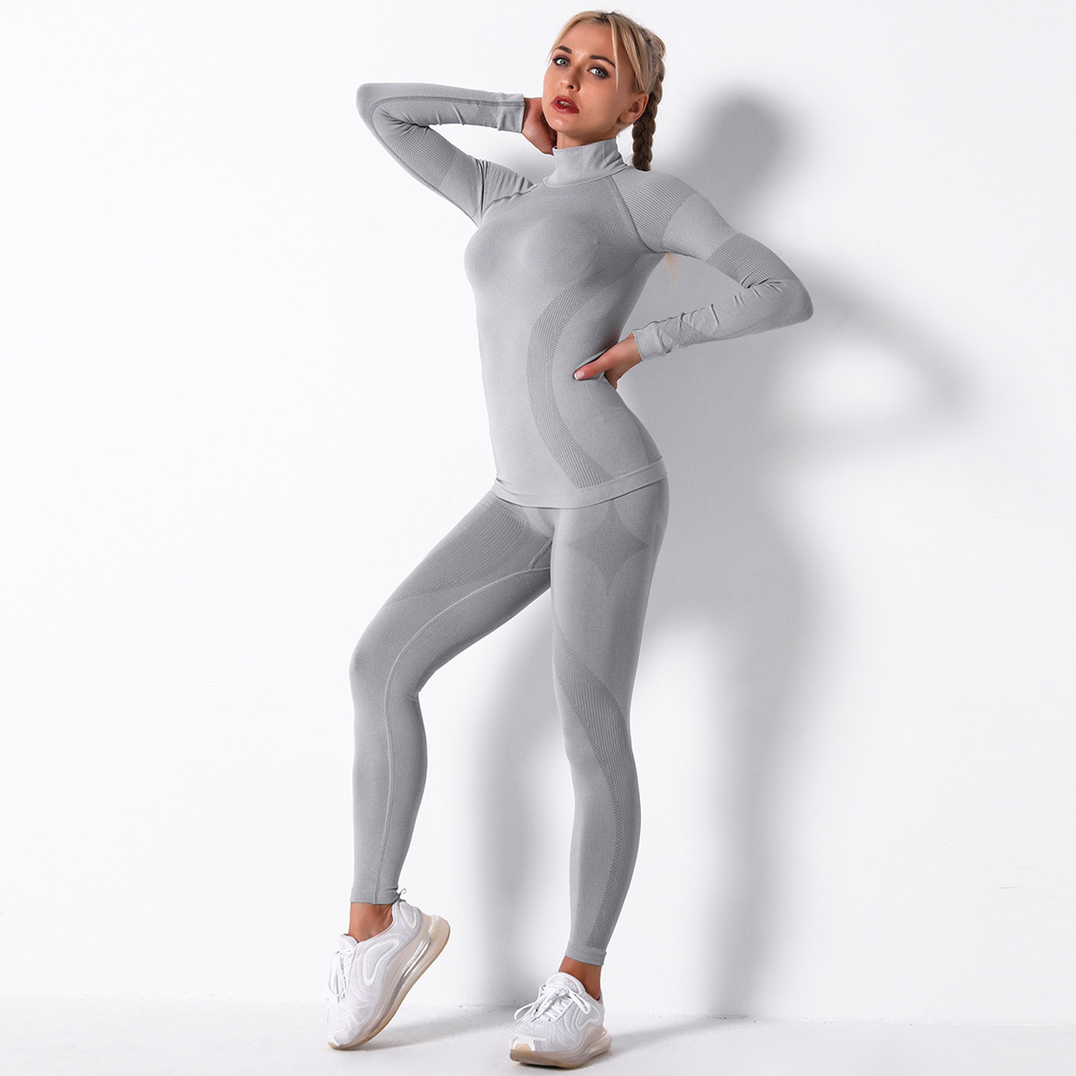 seamless knitted striped sports yoga long-sleeved two-piece suit  NSLX9020