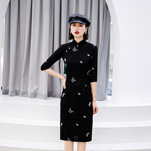 slim fit dress slacks Short Sleeve Brocade Cheongsam Mini Floral Chinese Dress – IDREAMMART main image 0