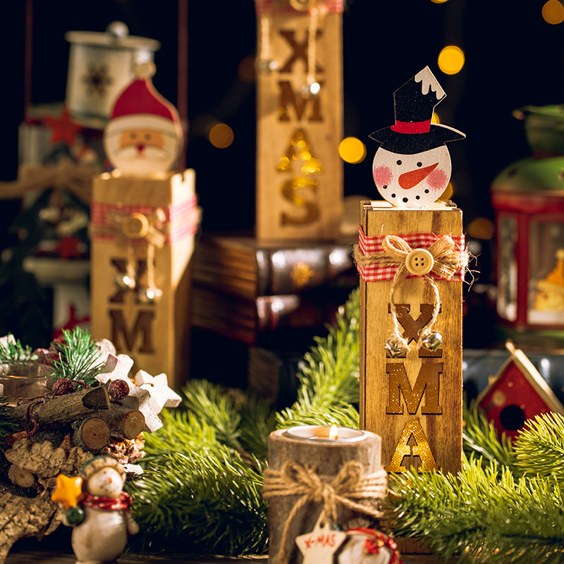 Papá Noel de madera muñeco de nieve alce con decoración de luces de noche regalos de Navidad iluminarán decoración luminosa