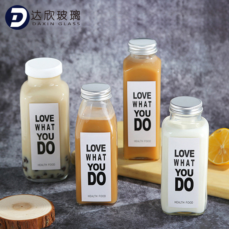 厂家直销方形奶瓶密封无铅玻璃奶茶瓶带盖饮料瓶果汁瓶奶茶瓶