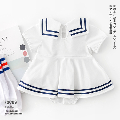 A Bao Nannan summer newborn triangle crawl suit baby navy collar bow infant solid color fart suit
