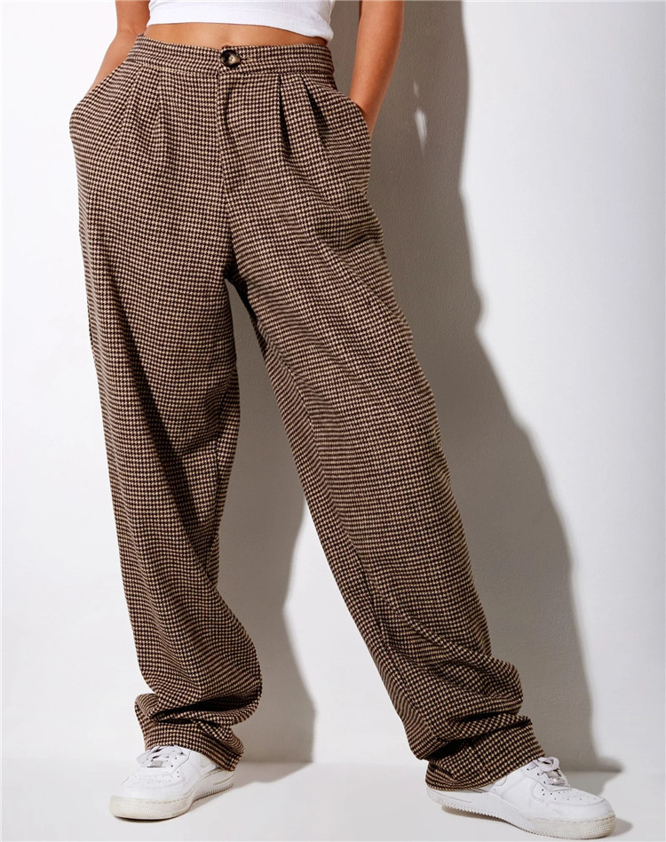 Fashion houndstooth pattern high waist wide leg pants NSLD11705