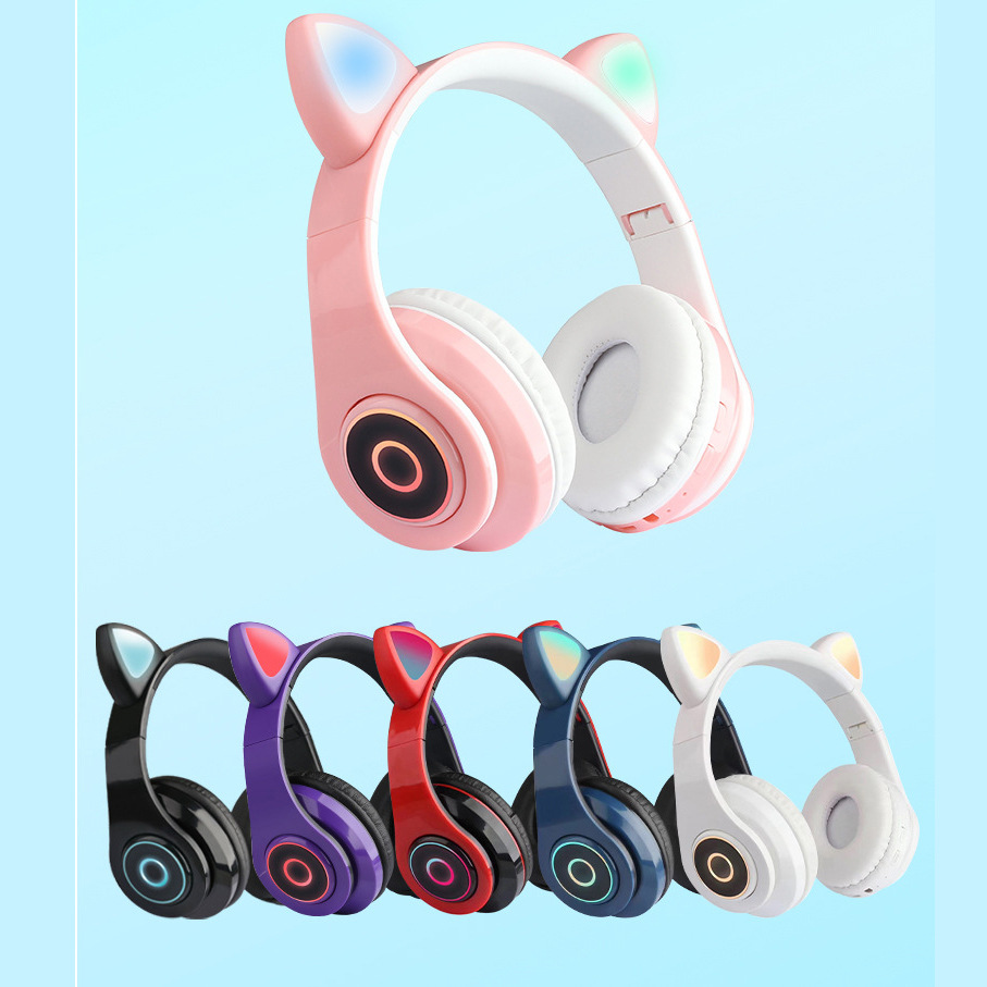 爆款可爱猫耳朵无线蓝牙耳机 折叠头戴式炫彩LED发光 插卡5.0