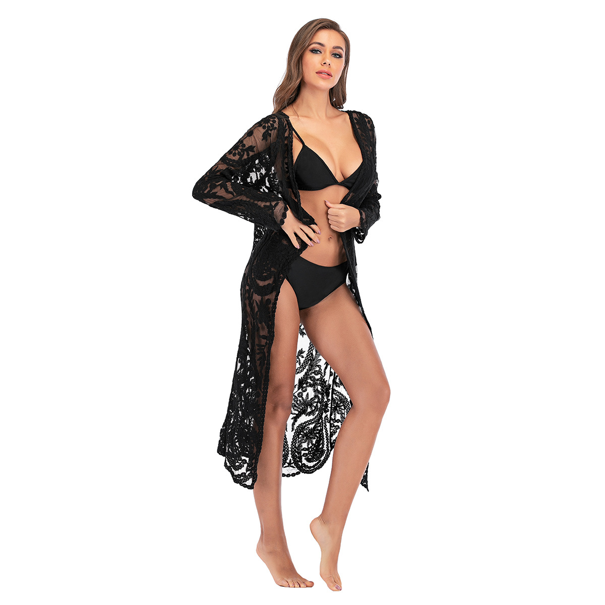 新款跨境刺绣网布比基尼外搭长袖开衫度假风沙滩罩衫防晒衣