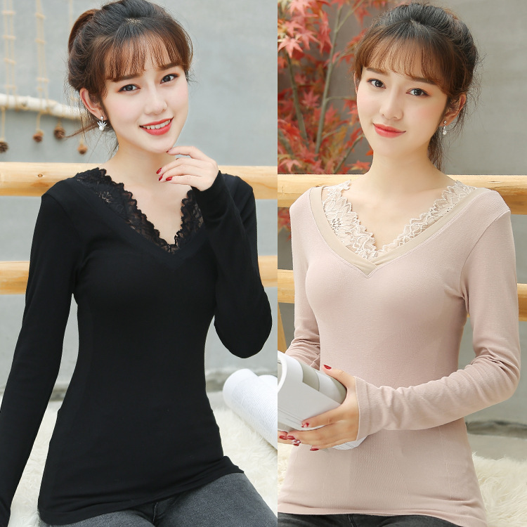 秋冬女士竹纤维打底保暖衣 蕾丝大V领口长袖修身打底衫单件秋衣女