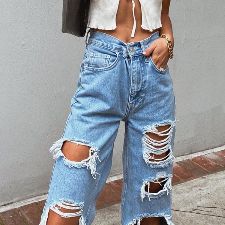 Women's Jeans Ripped Holes Thinner Washed Ladies Jeans Trousers