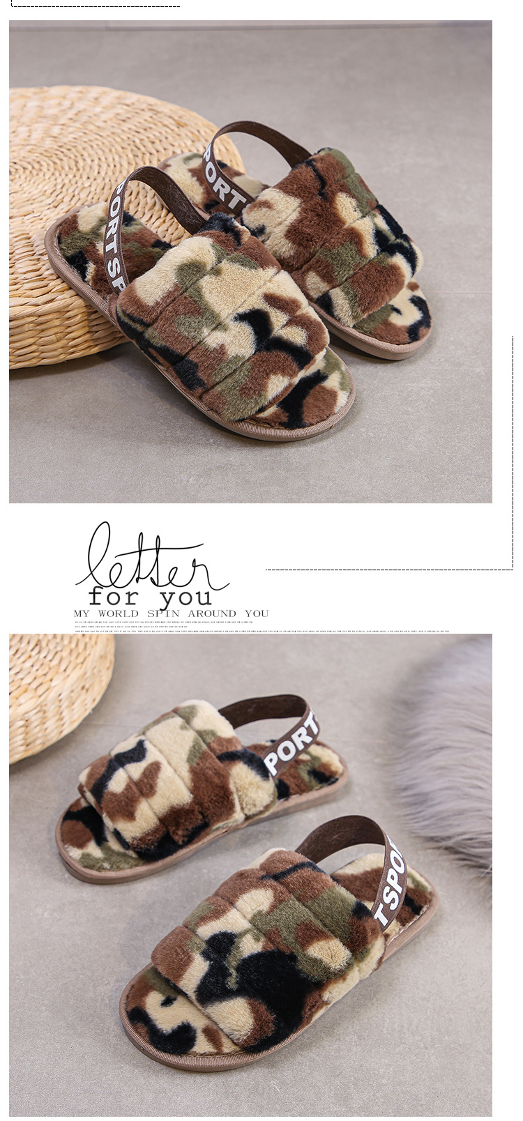 Femmes Vêtement De Rue Camouflage Bout Ouvert Pantoufles En Peluche display picture 13