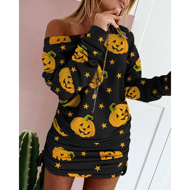 contrast printing round neck long sleeve dress NSZH18622