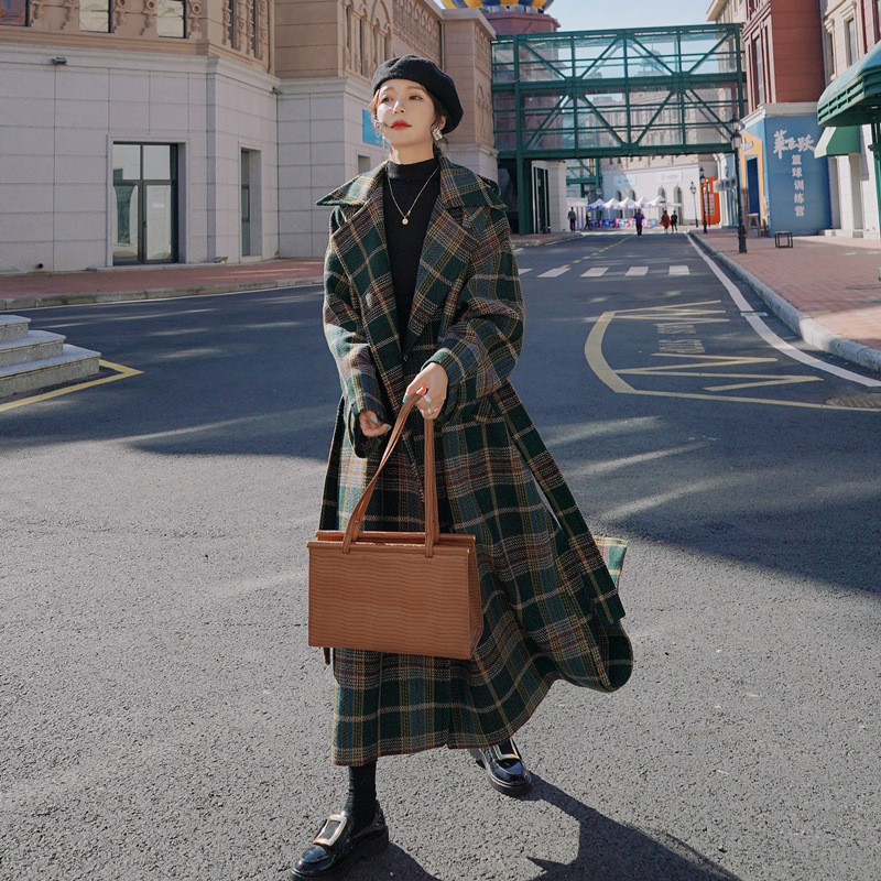Green Plaid Loose Mid-length Woolen Coat