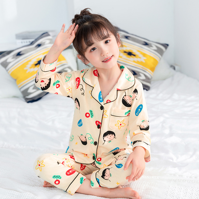 봄과 가을 긴 소매 소년 소녀를위한 어린이 잠옷 순면 부모-어린이 카디건 홈 의류 세트 대형 어린이 에어컨