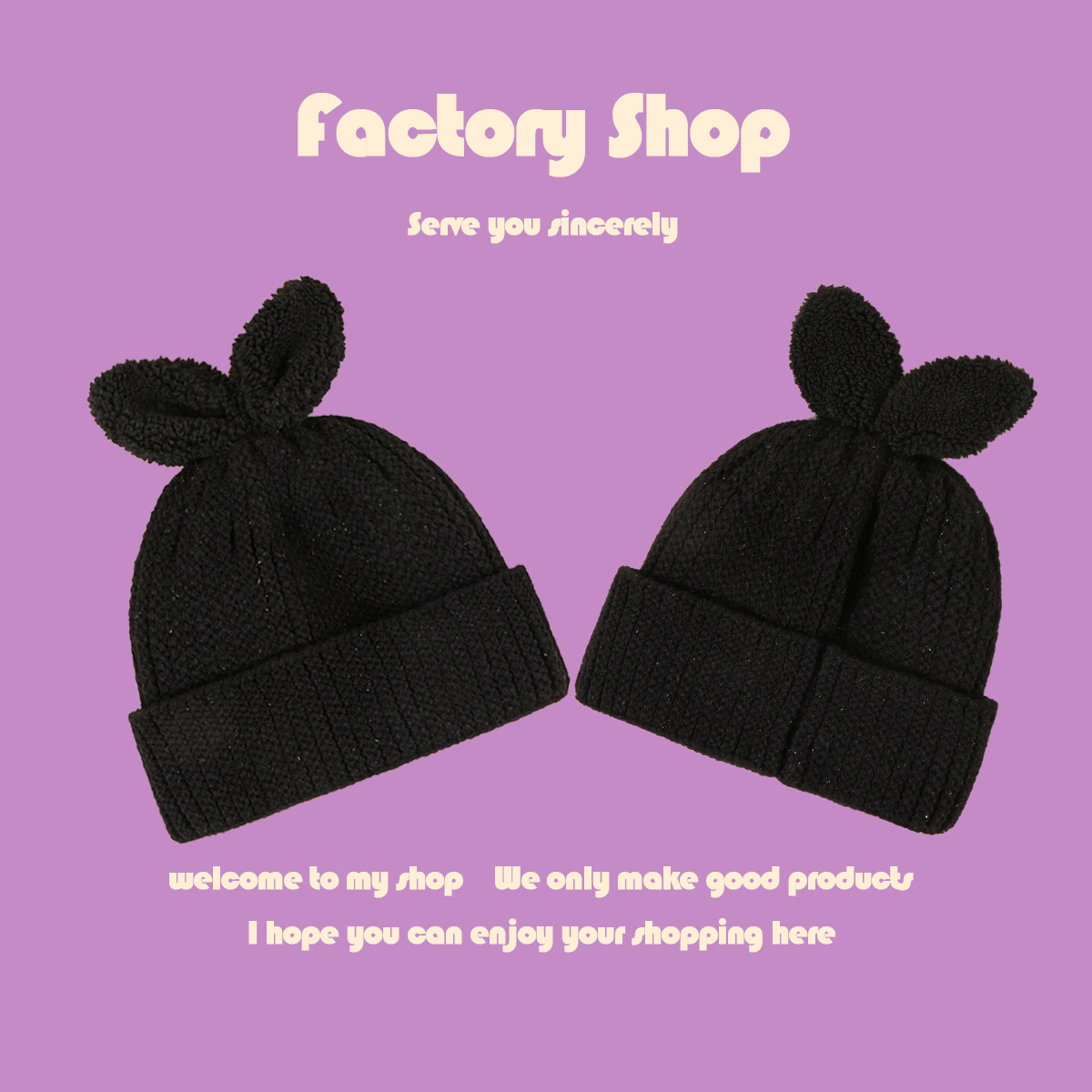 Black Cute Two Ears Knitted Hat display picture 4