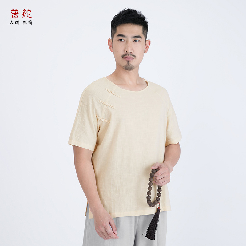 [弘通 用心服务] 男装t恤 禅意居士服夏季上衣唐装男全棉复古短袖|ms