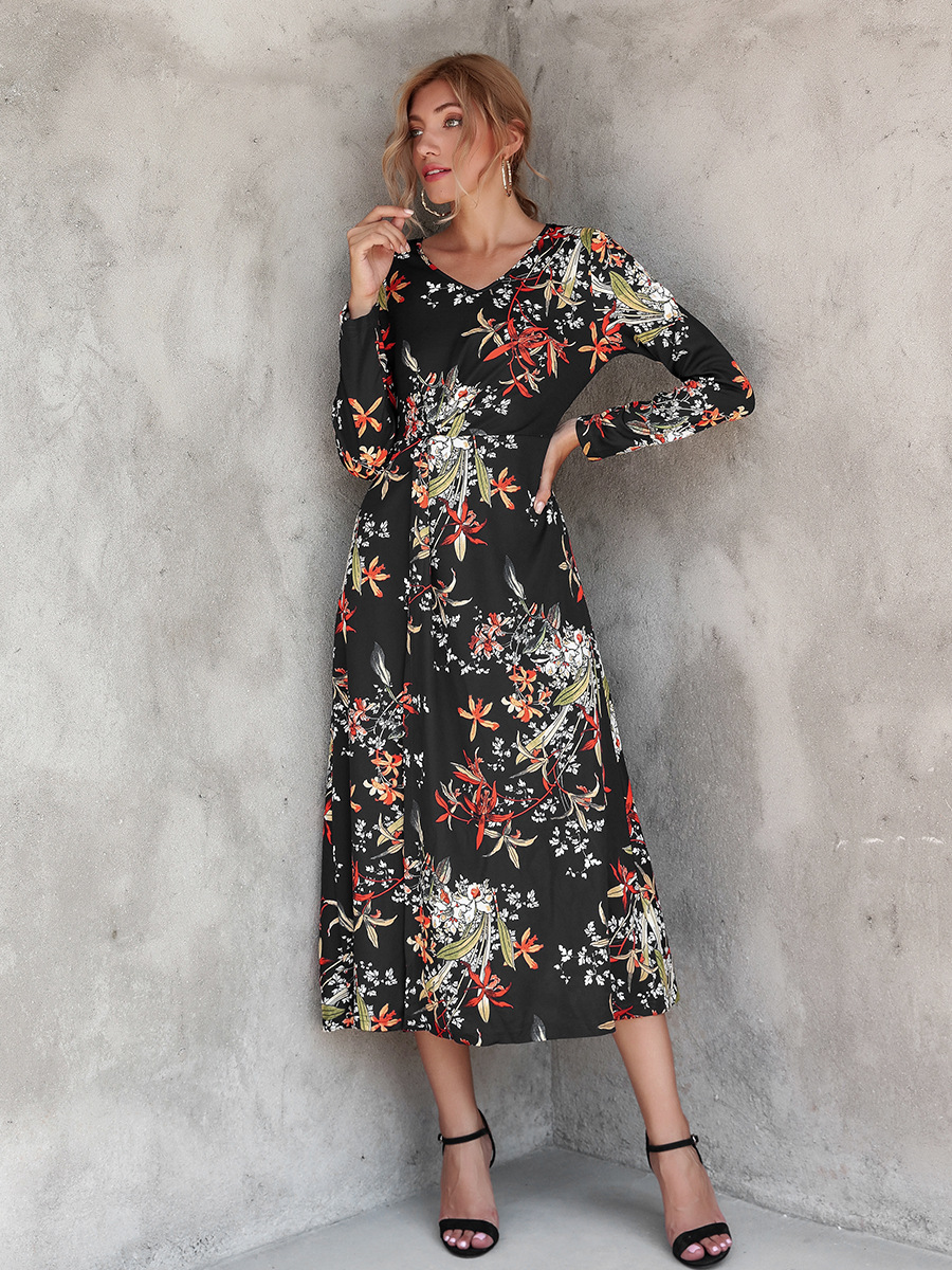 ladies V-neck printed long-sleeved dress NSAL2596