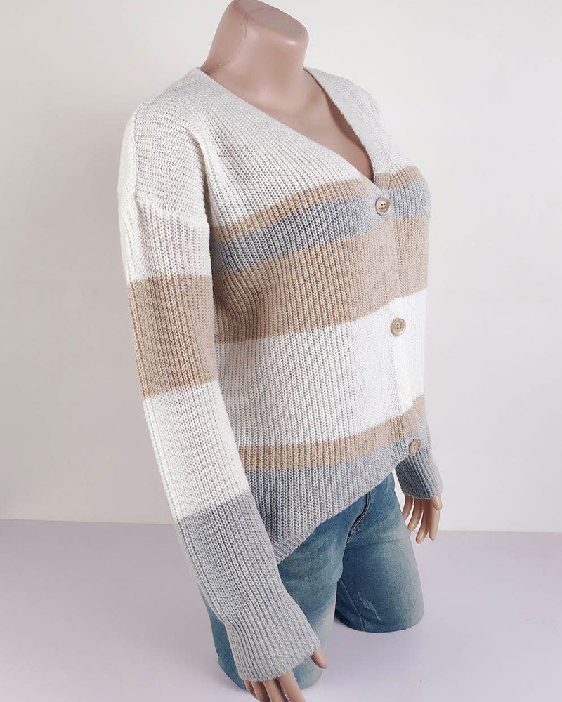 Women's Clothing 2023 autumn and winter new v-neck button striped patchwork sweater cardigan_voghion.com
