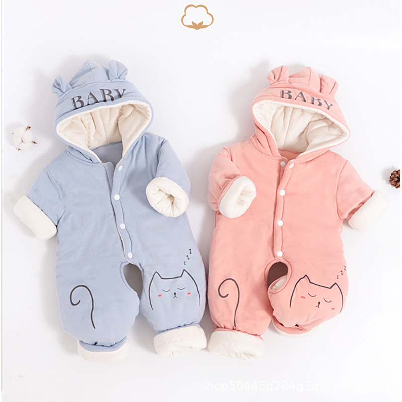 秋冬手工棉花衣婴幼儿连体衣 男女宝宝连帽爬服 外出三层加厚哈衣