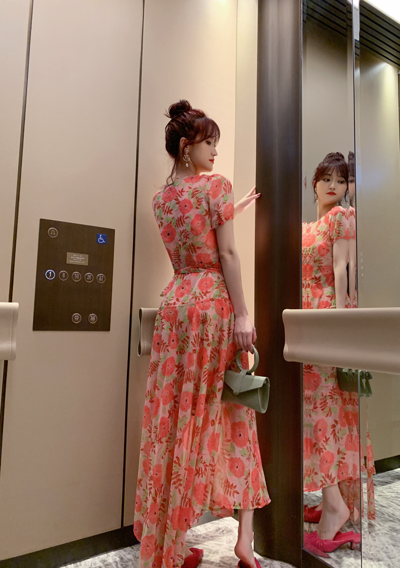 Đầm maxi nữ cổ V cao eo in họa tiết voan dài — Đỏ dưa hấu chi tiết 6