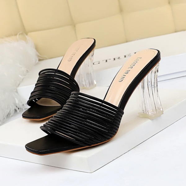 Elegant transparent crystal heel high heel square head open toe one word hollow out women’s slipper