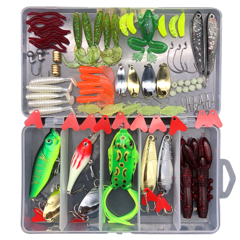 Bait Kit Freshwater Bait Kit Bass Salmon Tackle Kit Includes Spoon Bait Soft Plastic Worms Crank Bait Hook Tackle Box