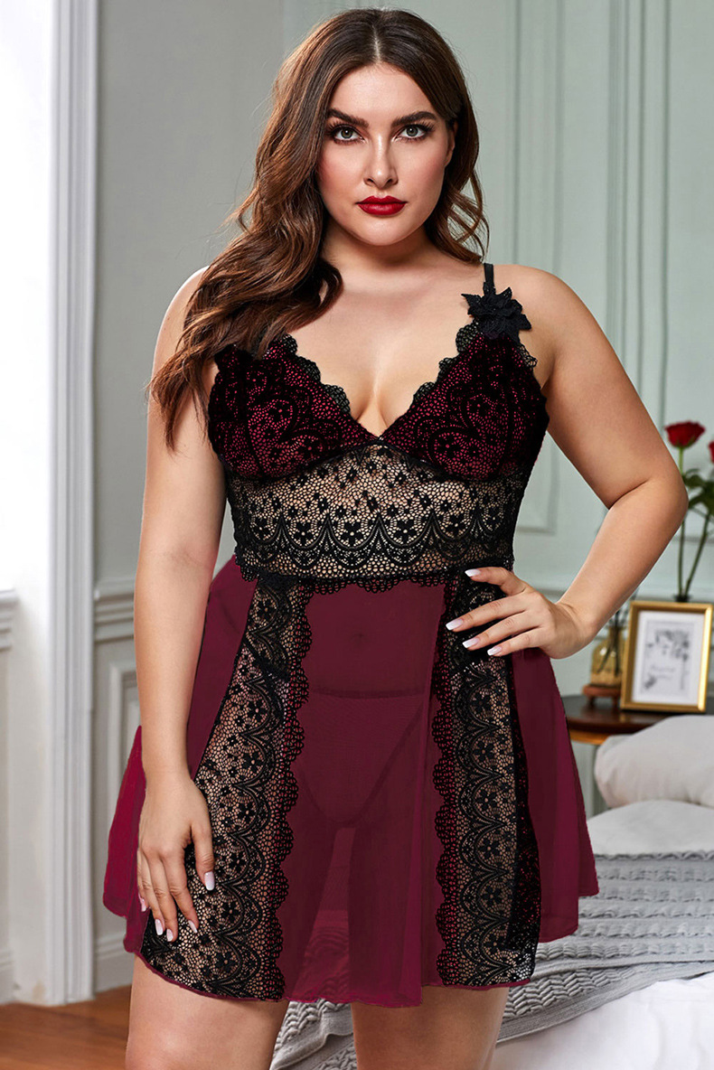 plus size mesh see-through deep V-neck sling lace nightdress with panties NSQMY125158