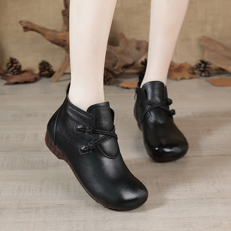 花惜月头层牛皮保暖短靴防滑耐磨中老年棉鞋侧拉链坡跟休闲女靴